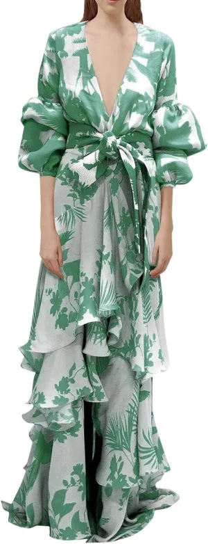ZYXTIM Womens 2024 Fashion Prom Dress Elegant V Neck Floral Print Puffer Long Sleeve Layered Tiered Chiffon Beach Party Dress
